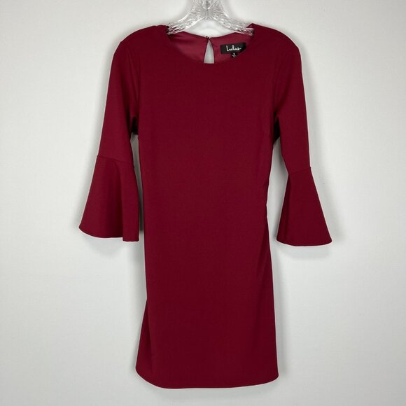 Lulus Womens Last Love Song Burgundy Tie Waist Dress Bell Sleeves size Small - Picture 5 of 14